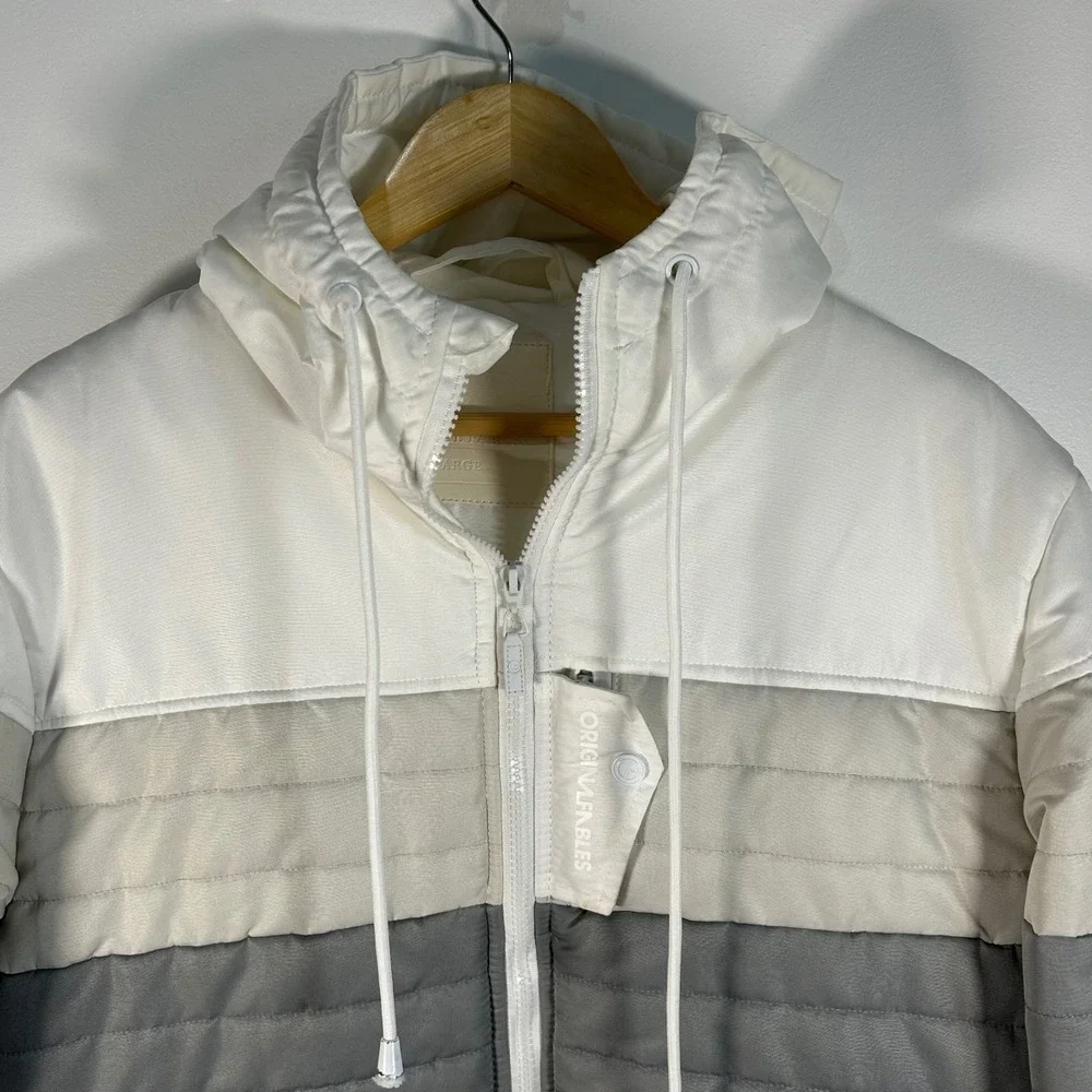 Original Fables Colorblock Puffer Jacket Hooded Full Zip XLarge Gray‎ White